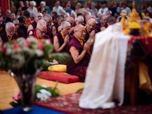 Thaye Dorje, His Holiness the 17th Gyalwa Karmapa, Sangyumla and Thugseyla at Dhagpo Kundreul Ling in Le Bost, France. Photo / Tokpa Korlo