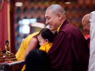 Thaye Dorje, His Holiness the 17th Gyalwa Karmapa, Sangyumla and Thugseyla at Dhagpo Kundreul Ling in Le Bost, France. Photo / Tokpa Korlo