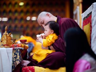 Thaye Dorje, His Holiness the 17th Gyalwa Karmapa, Sangyumla and Thugseyla at Dhagpo Kundreul Ling in Le Bost, France. Photo / Tokpa Korlo