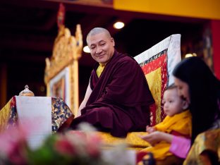 Thaye Dorje, His Holiness the 17th Gyalwa Karmapa, Sangyumla and Thugseyla at Dhagpo Kundreul Ling in Le Bost, France. Photo / Tokpa Korlo