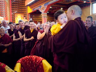 Thaye Dorje, His Holiness the 17th Gyalwa Karmapa, Sangyumla and Thugseyla at Dhagpo Kundreul Ling in Le Bost, France. Photo / Tokpa Korlo