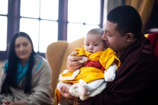 Thaye Dorje, His Holiness the 17th Gyalwa Karmapa, and his wife Sangyumla Rinchen Yangzom, together with their baby son Thugsey