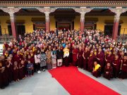 Karmapa, Sangyumla, Thugsey, Yum Mrs Kunzang, and other members of the family, together with Rinpoches, monks, KIBI staff and lay students at the Public Meditation Course 2018/2019