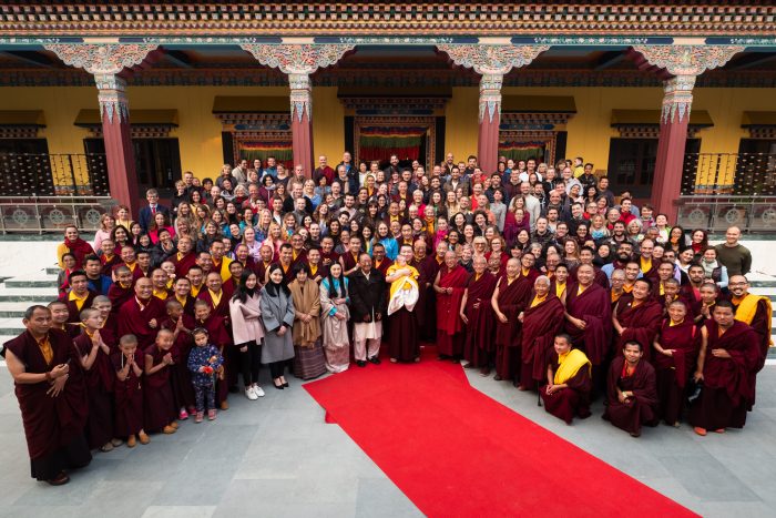 Karmapa, Sangyumla, Thugsey, Yum Mrs Kunzang, and other members of the family, together with Rinpoches, monks, KIBI staff and lay students at the Public Meditation Course 2018/2019