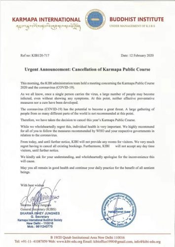 Cancellation of Karmapa Public Course