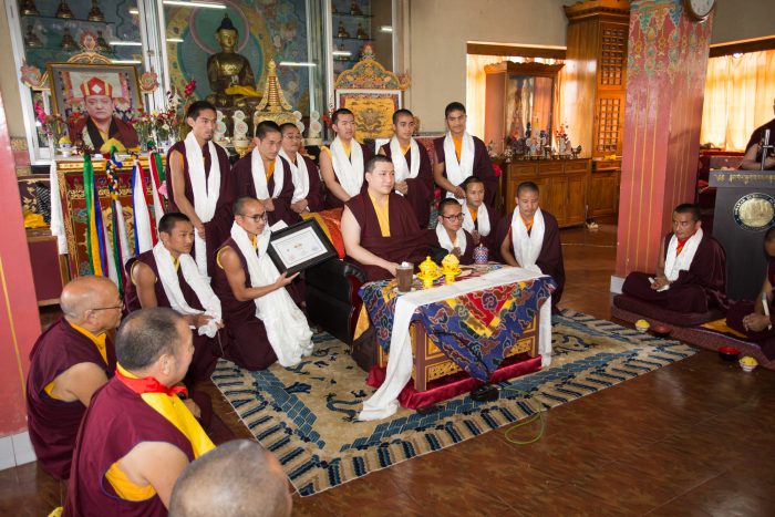 Ceremony at Diwakar Buddhist Academy - Thaye Dorje, His Holiness the 17th Gyalwa Karmapa, thanked the students, and gave the oral transmission (Tib. lung) of Manjusri, the Buddha of Wisdom. Photo / Magda Jungowska