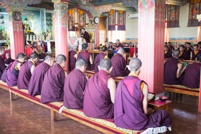 Thaye Dorje, His Holiness the 17th Gyalwa Karmapa, leading the Gyalwa Gyamtso puja to commemorate the 3rd anniversary of the parinirvana of His Holiness Kunzig Shamar Rinpoche. Photo / Magda Jungoska