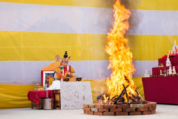 Thaye Dorje, His Holiness the 17th Gyalwa Karmapa, leading the fire puja during the 3rd anniversary of the parinirvana of His Holiness Kunzig Shamar Rinpoche. Photo / Magda Jungoska