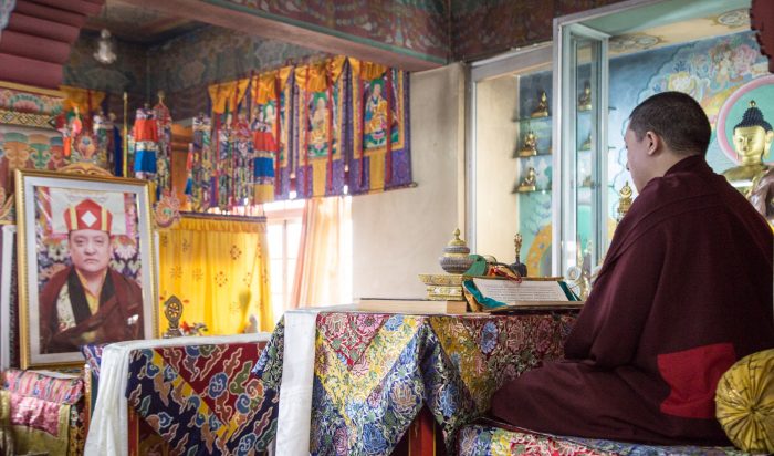 Thaye Dorje, His Holiness the 17th Gyalwa Karmapa, leading the Gyalwa Gyamtso puja to commemorate the 3rd anniversary of the parinirvana of His Holiness Kunzig Shamar Rinpoche. Photo / Magda Jungoska