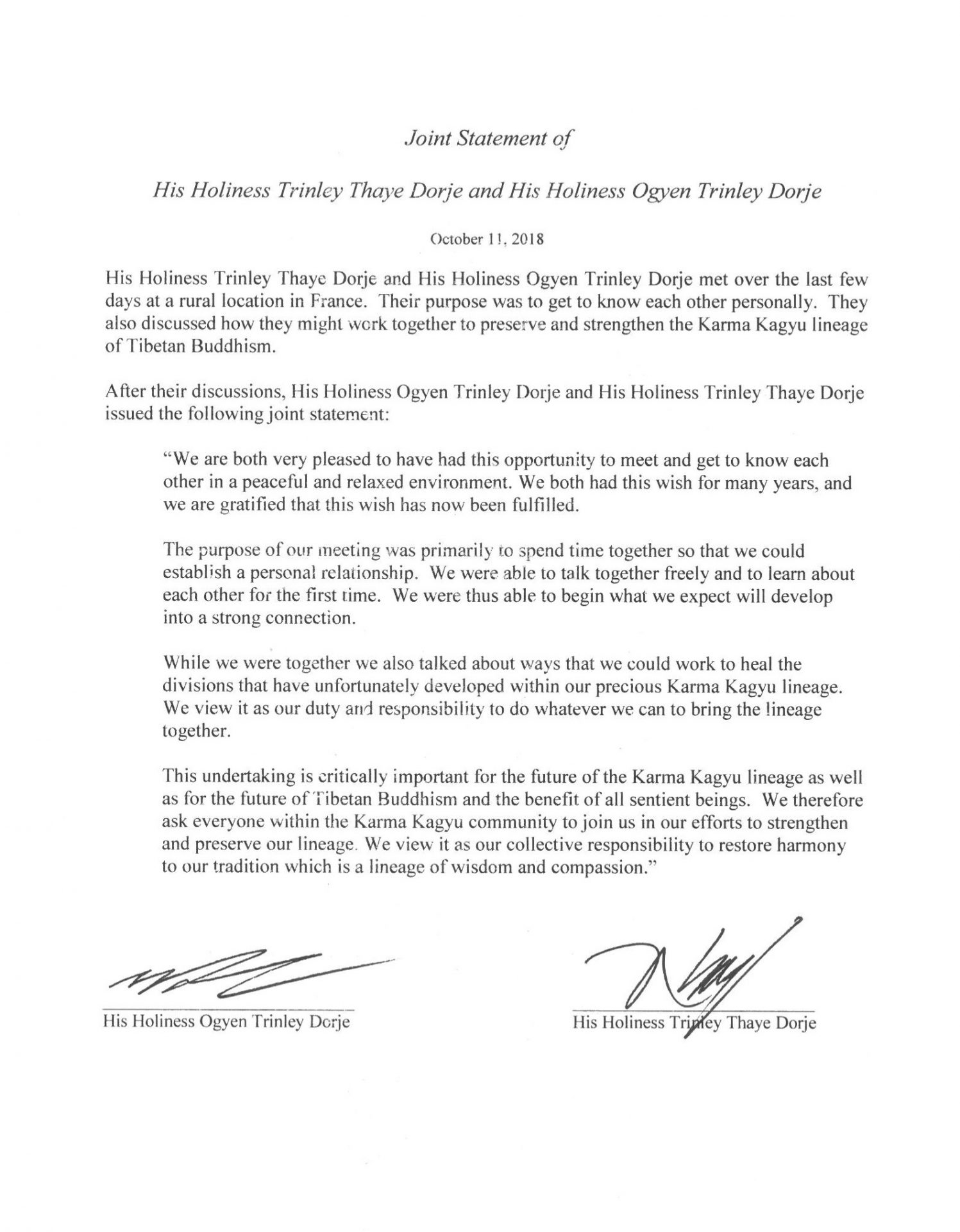 Joint statement of His Holiness Trinley Thaye Dorje and His Holiness Ogyen Trinley Dorje