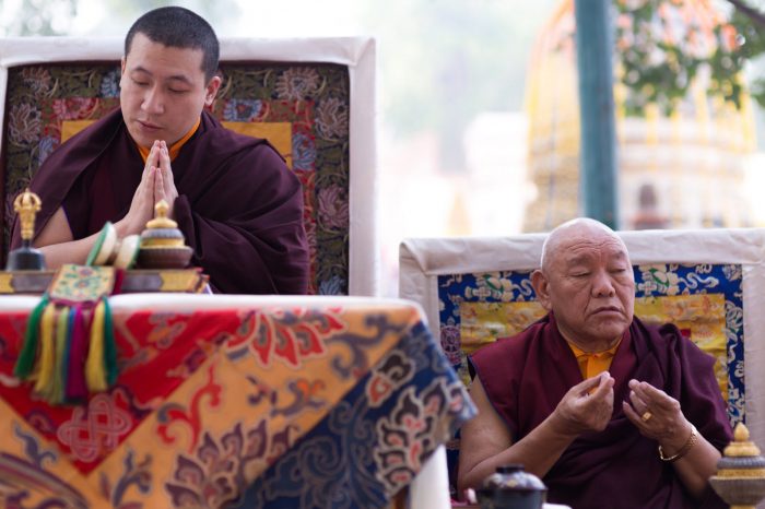 Thaye Dorje, His Holiness the 17th Gyalwa Karmapa, and Beru Khyentse Rinpoche at the Kagyu Monlam 2014. Photo / Tokpa Korlo