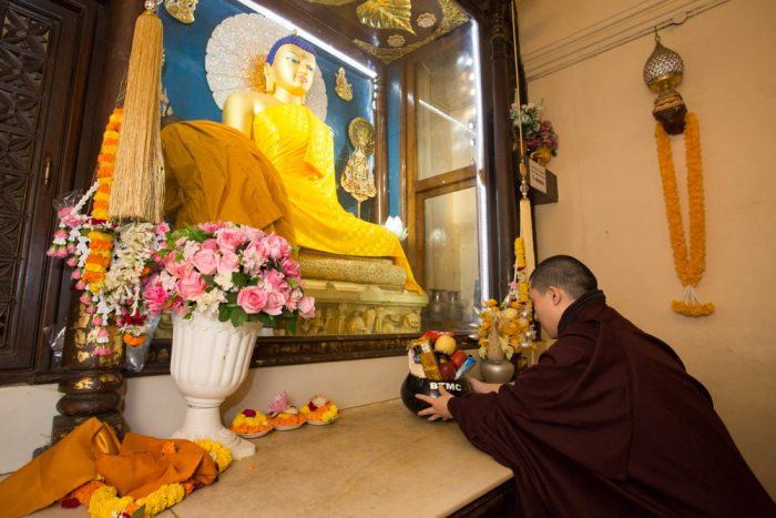 Thaye Dorje, His Holiness the 17th Gyalwa Karmapa, pays respects to the Buddha. Photo / Thule Jug