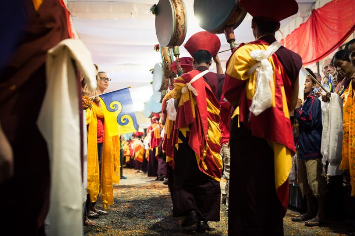 Waiting students with Karmapa dream flag