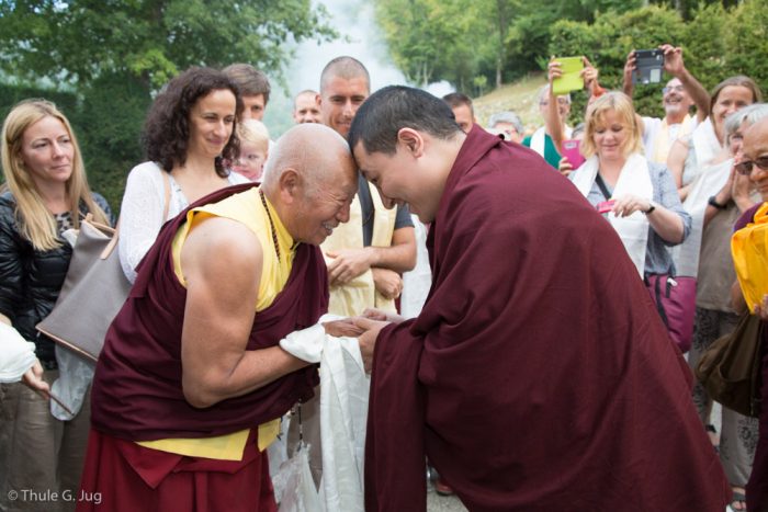 Lama Teunsang welcomes Thaye Dorje, His Holiness the 17th Gyalwa Karmapa, to Montchardon