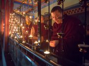 Thaye Dorje, His Holiness the 17th Gyalwa Karmapa, lighting candles for Indian Independence Day