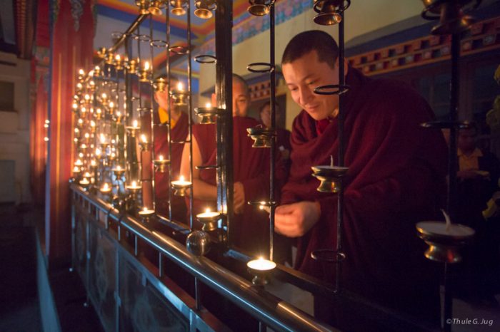 Thaye Dorje, His Holiness the 17th Gyalwa Karmapa, lighting candles for Indian Independence Day
