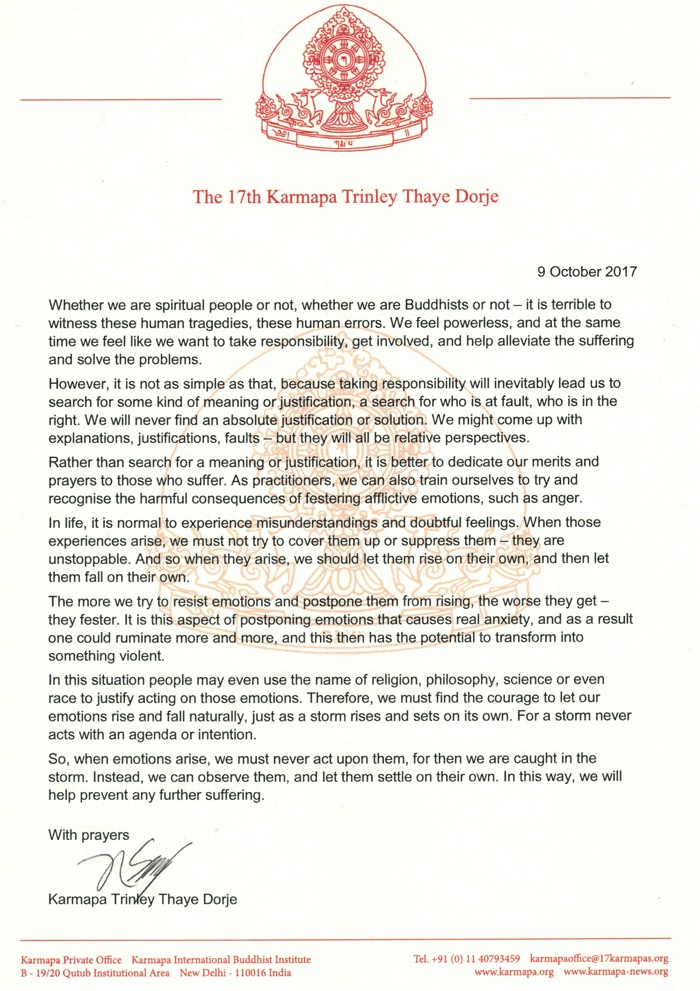 Statement from Thaye Dorje, His Holiness the 17th Gyalwa Karmapa, on the Rohingya crisis