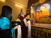 Thaye Dorje, His Holiness the 17th Gyalwa Karmapa, and his wife Sangyumla offering prayers at Bodh Gaya in 2017