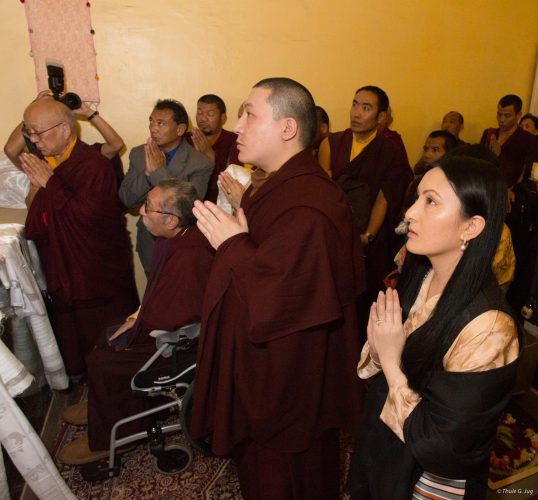 Thaye Dorje, His Holiness the 17th Gyalwa Karmapa, his wife Sangyumla, together with His Eminence Mipham Rinpoche, Solponla Tsultrim Namgyal, and others offering prayers at Bodh Gaya in 2017