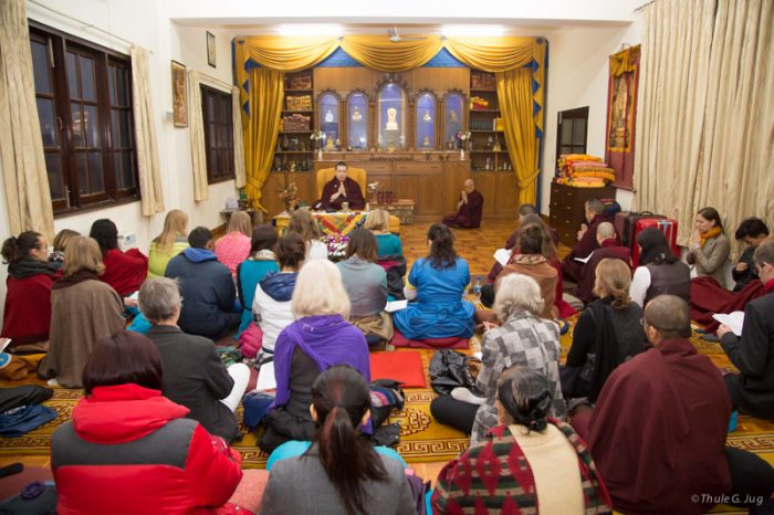 Thaye Dorje, His Holiness the 17th Gyalwa Karmapa, leading a meditation after the teachings