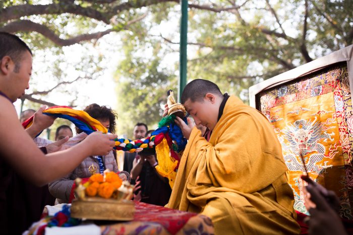 Thaye Dorje, His Holiness the 17th Gyalwa Karmapa, blessing ritual objects at the Kagyu Monlam 2014. Photo / Tokpa Korlo