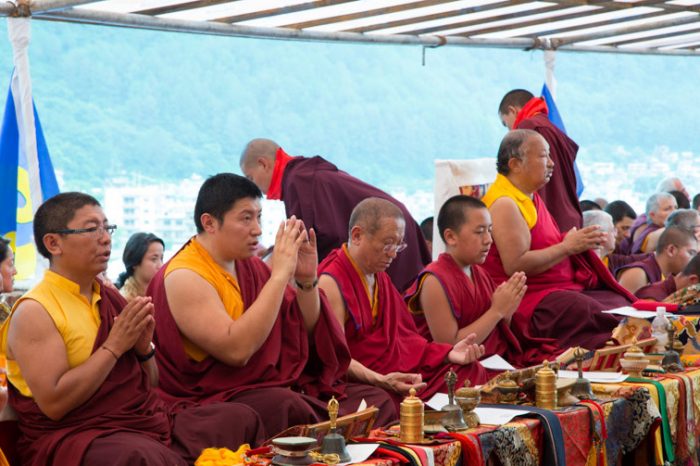 Rinpoches of the Ka-Nying, Shedrub Ling monastery. From the left – Tsoknyi Rinpoche, Phakchok Rinpoche (supreme head of the Taglung Kagyu school), Chokyi Nyima Rinpoche, and Tulku Urgyen Yangsi Rinpoche. Leading the puja is Tsikey Chokling Rinpoche. Photo/Lekshey Jorden