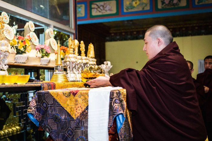 Tribute to Shamar Rinpoche: Thaye Dorje, His Holiness the 17th Gyalwa Karmapa, places Shamar Rinpoche's relics on the main altar. Photo / Tokpa Korlo